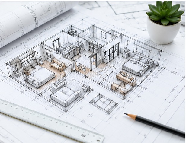 Plan arhitectural tridimensional al unui apartament, cu încăperi și mobilier